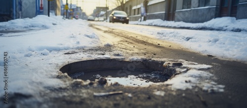 Snow-covered city street sh...