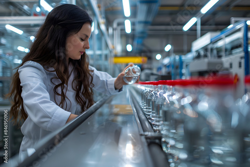 A female quality controller inspects a set of beverage bottles on a roller bench, highlighting the importance of quality assurance.