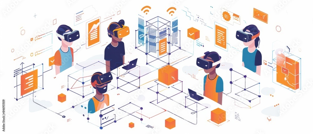 Group of people using virtual reality headsets connected through a digital network, showcasing futuristic and immersive technology concepts. Group of people using virtual reality headsets connected through a digital network, showcasing futuristic and immersive technology concepts.