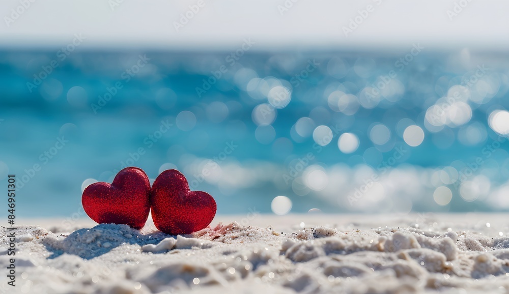 Fototapeta premium Two red hearts on white beach with blue sea background, Valentine's Day concept banner. Love and romance, romantic mood, copy space for text