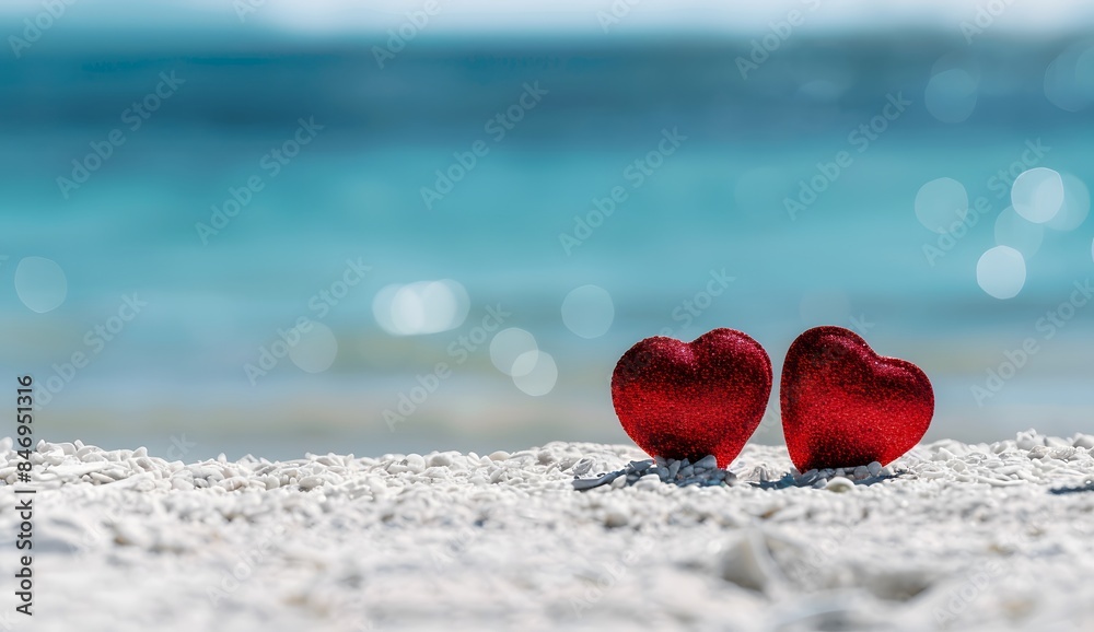 Obraz premium Two red hearts on white beach with blue sea background, Valentine's Day concept banner. Love and romance, romantic mood, copy space for text