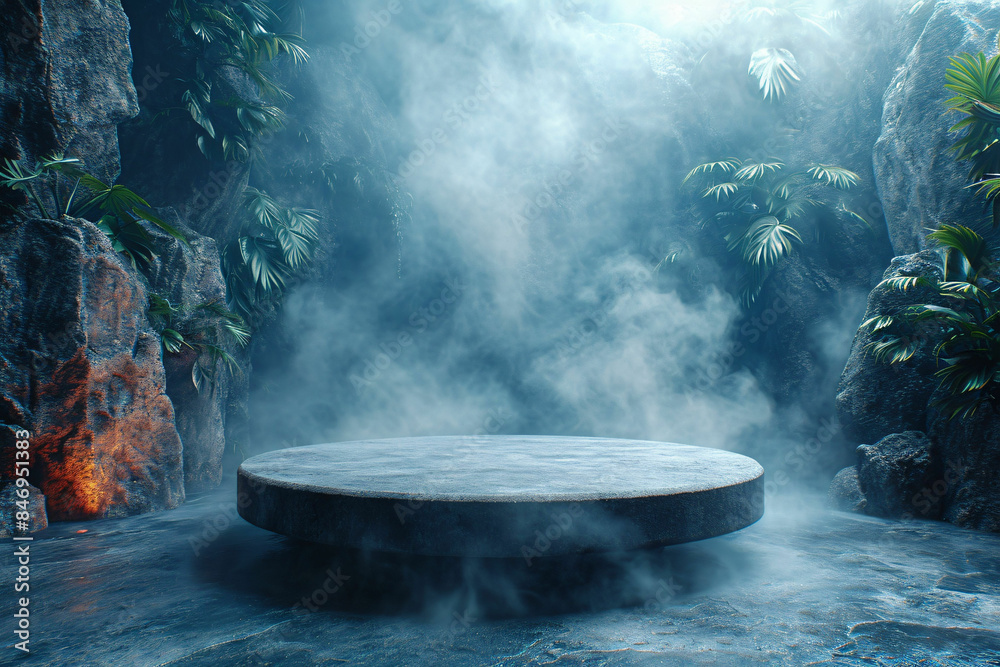 Podium black dark smoke background product platform fog spotlight. Podium black dark smoke background product platform fog spotlight.