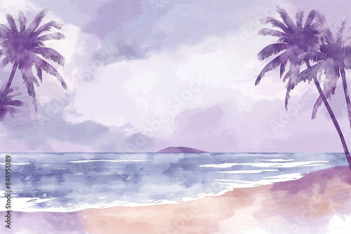 Summer Homecoming Party Flyer with Watercolor Beach Scene and Purple Background