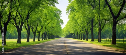 Path surrounded by trees in a lush park with vibrant green grass, creating a peaceful and serene atmosphere. with copy space image. Place for adding text or design photo