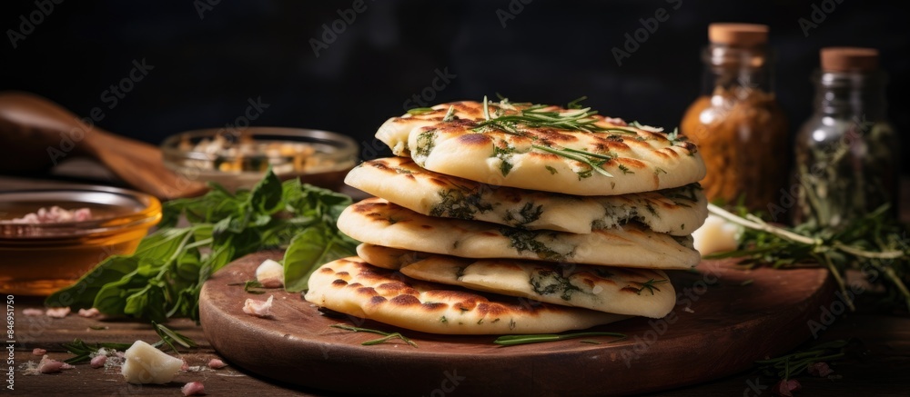 Stack of flatbreads on wooden board, filled with herbs and cheese for a delicious meal. with copy space image. Place for adding text or design Stack of flatbreads on wooden board, filled with herbs and cheese for a delicious meal. with copy space image. Place for adding text or design