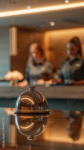 Hotel Reception Desk with Shiny Metallic Service Bell photo