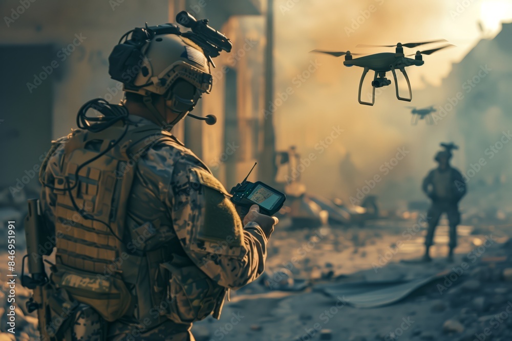 Soldier in Full Combat Gear Operating Drone in Warzone