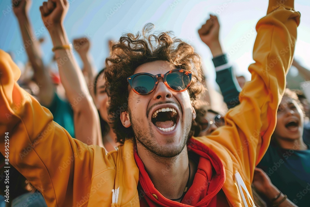 A young man in a yellow jacket and sunglasses joyfully cheering at an outdoor event, surrounded by an enthusiastic crowd. A young man in a yellow jacket and sunglasses joyfully cheering at an outdoor event, surrounded by an enthusiastic crowd.