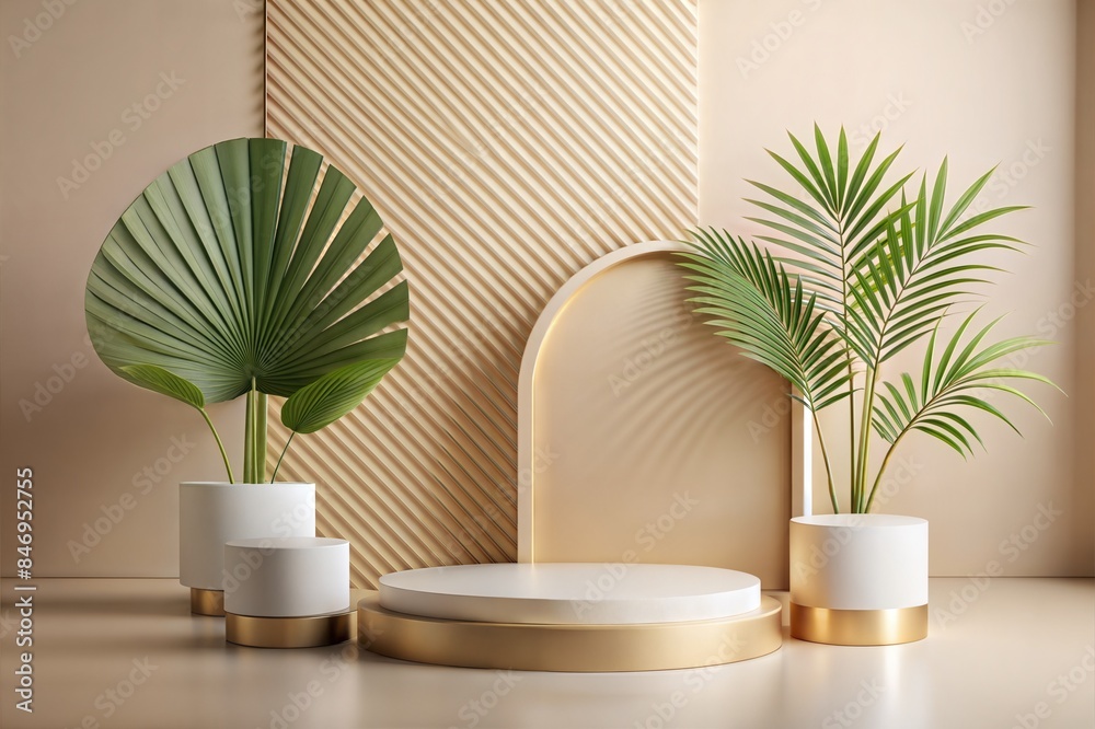 A minimalist podium setup with tropical plants, ideal for product display. Suitable for advertisements, posters, and promotional materials emphasizing modern aesthetics and natural elements. A minimalist podium setup with tropical plants, ideal for product display. Suitable for advertisements, posters, and promotional materials emphasizing modern aesthetics and natural elements.