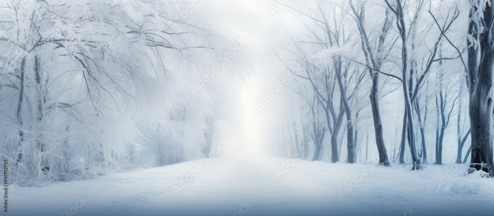 Snow-covered pathway winding through a dense forest with tall trees and a peaceful bench for resting. with copy space image. Place for adding text or design Snow-covered pathway winding through a dense forest with tall trees and a peaceful bench for resting. with copy space image. Place for adding text or design