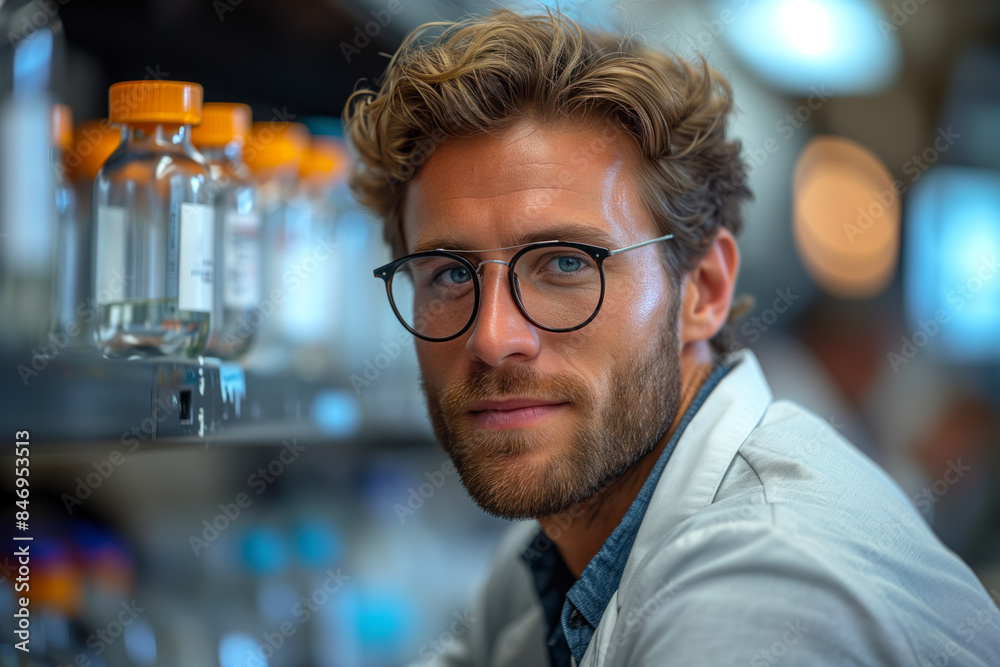 Smiling young scientist in lab coat and glasses in a laboratory. Smiling young scientist in lab coat and glasses in a laboratory.
