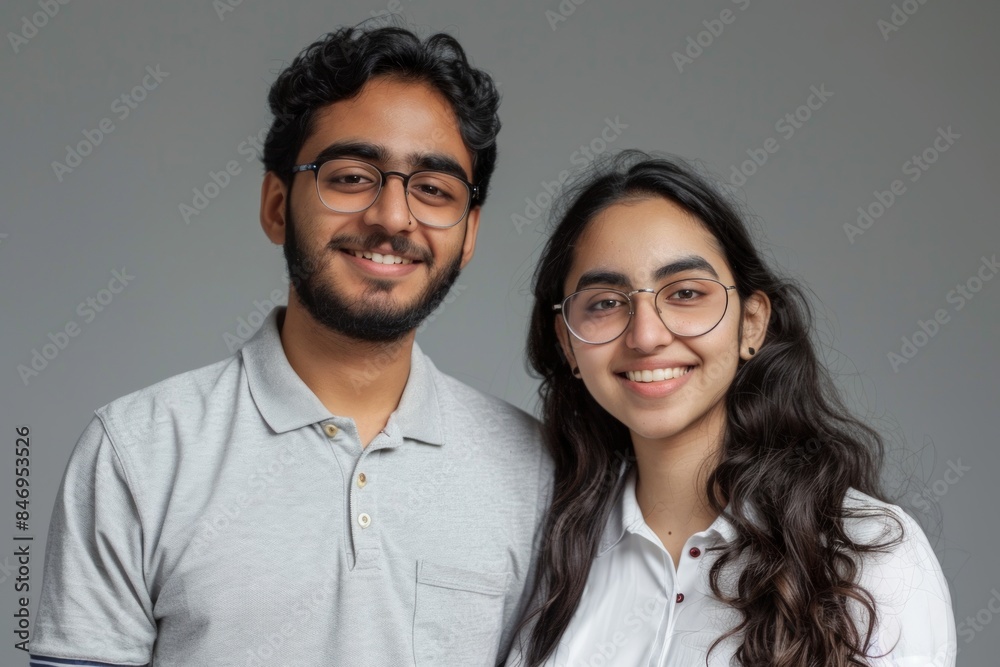 Portrait of a grinning indian couple in their 20s donning a classy polo shirt over blank studio backdrop Portrait of a grinning indian couple in their 20s donning a classy polo shirt over blank studio backdrop