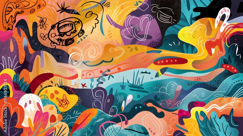 Mythical Abstract Background with Doodled Creatures Hints at fantastical beings Mythical Abstract Background with Doodled Creatures Hints at fantastical beings