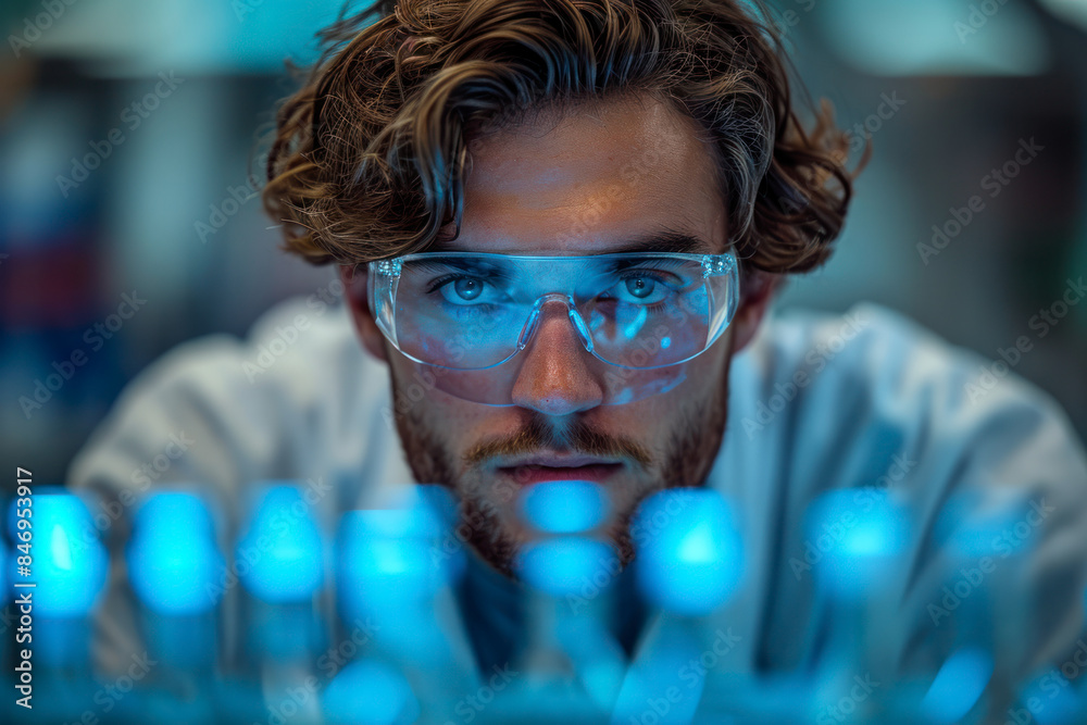 Focused scientist with goggles in lab with blue lighting.