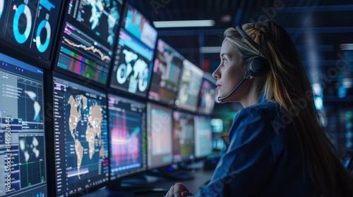 Woman works in a control room, monitoring multiple screens displaying data visualizations, maps, and real-time information.