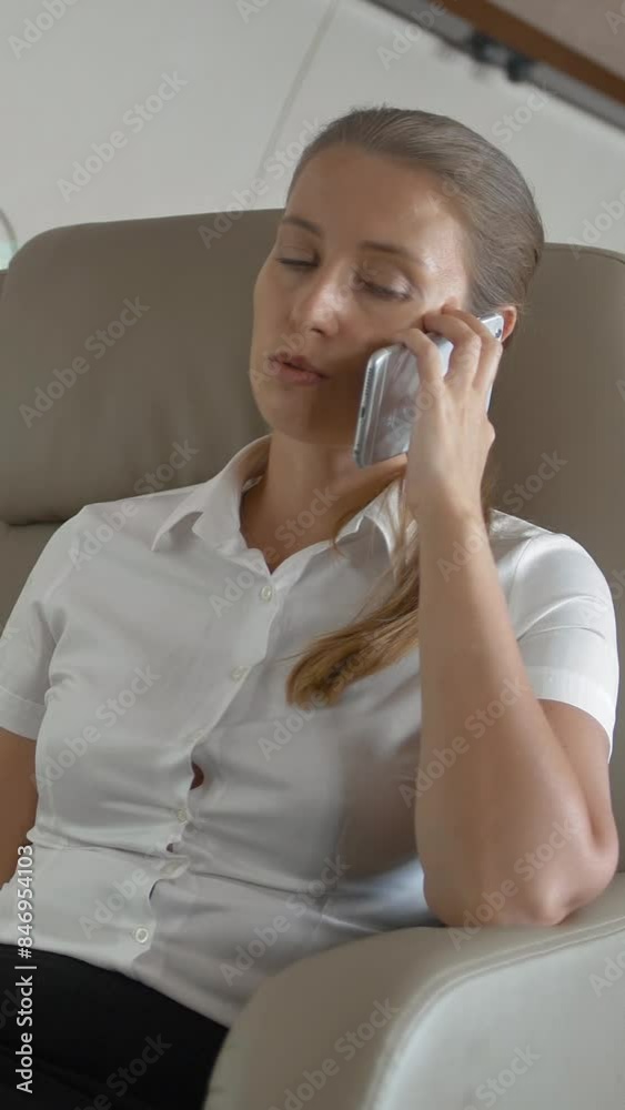 Private jet flight of businesslady speaking about business. She calling by phone with her friend about serious deal. Luxury armchair in cabin. Vertical shot. Private jet flight of businesslady speaking about business. She calling by phone with her friend about serious deal. Luxury armchair in cabin. Vertical shot.