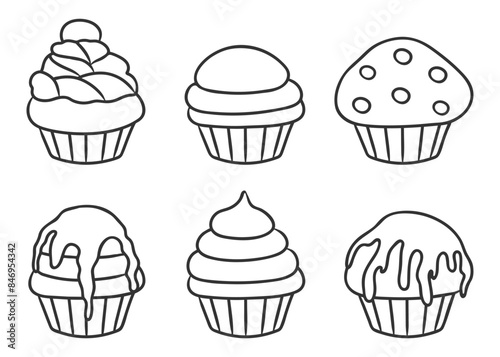hand drawn cupcake set, doodle, sweet food, black and white, outline, muffin, cream, frosting, silhouette drawing, vector illustration
