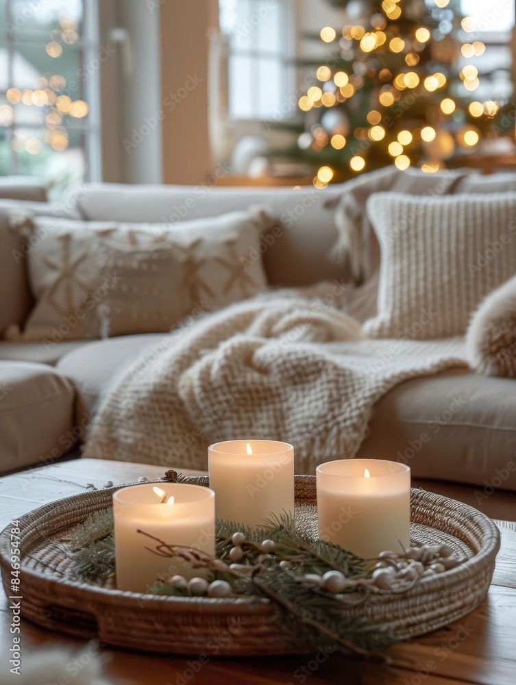 A cozy living room with an Advent wreath and candles marking the first Sunday of Advent