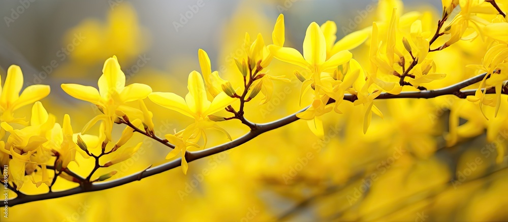 Forsythia, a plant symbolizing strength, hope, and dependence, displaying yellow blooms on its branches in the spring. with copy space image. Place for adding text or design Forsythia, a plant symbolizing strength, hope, and dependence, displaying yellow blooms on its branches in the spring. with copy space image. Place for adding text or design