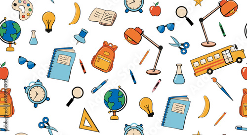 Seamless pattern with set of different school things in color. Retro style
