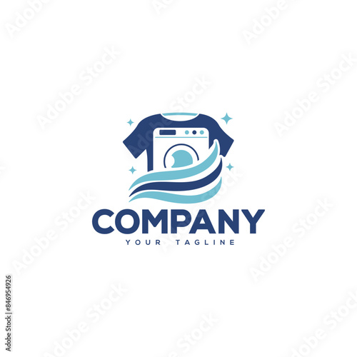 Creative logo design depicting a washer , water waves and a shirt. 