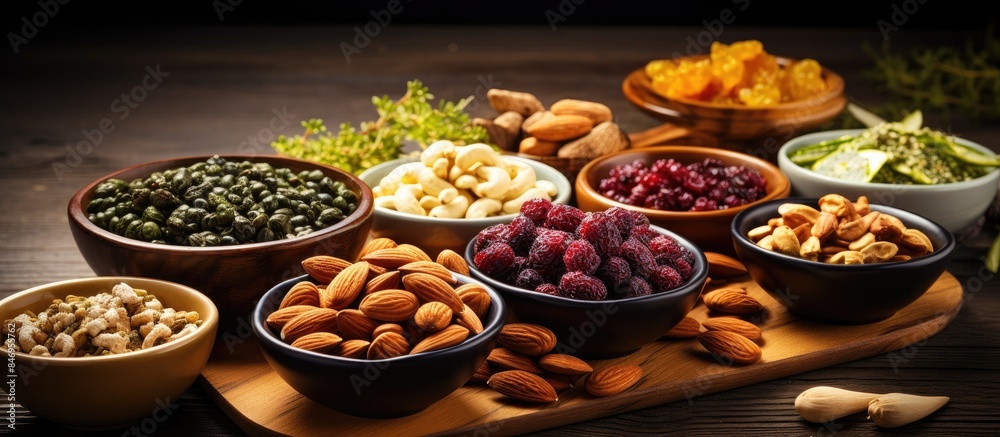 Assorted nuts displayed on a rustic wooden tray, offering a selection of savory snack options in wooden bowls. with copy space image. Place for adding text or design Assorted nuts displayed on a rustic wooden tray, offering a selection of savory snack options in wooden bowls. with copy space image. Place for adding text or design