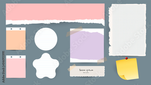 Colorful Sticky Notes and Labels Collection with pin and post it, on gray background, Notepaper meeting reminder, Flat Modern design , illustration Vector EPS 10 