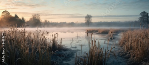 Misty sky hangs over a lake with reeds in the foreground during early morning frost in the fall. with copy space image. Place for adding text or design photo