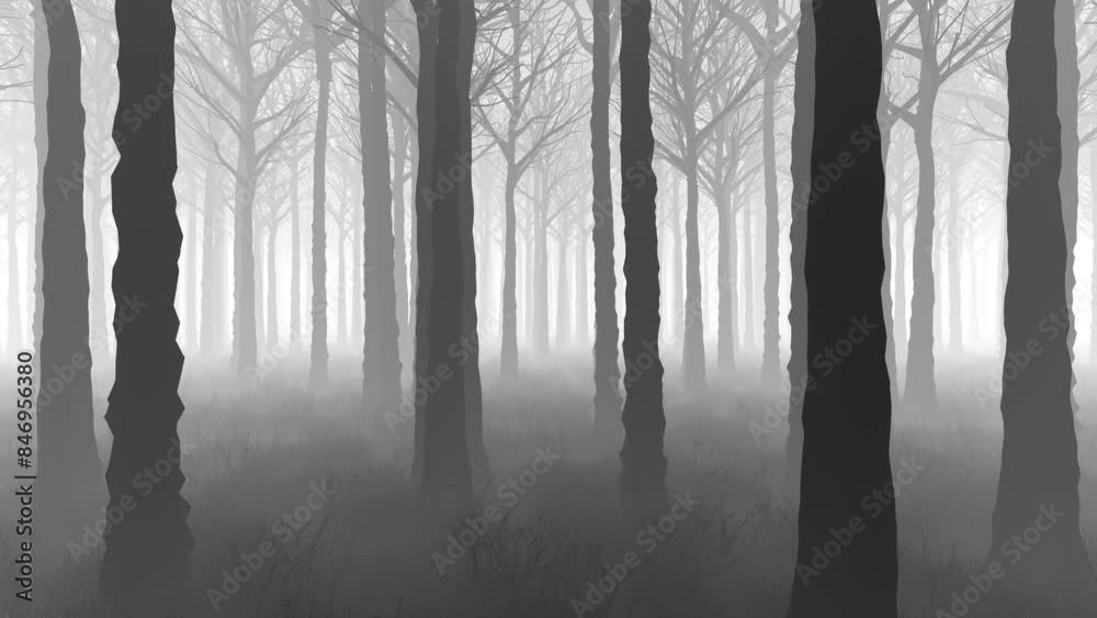 3D Animation - Black and white misty forest with forward camera movement in loop