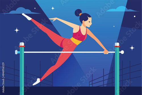 An athlete on the uneven bars during a gymnastics competition. Multicolored lights and silhouettes of spectators on the stands are seen in the background, 