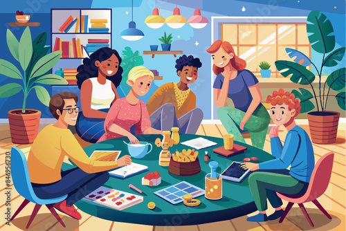 A group of friends playing a board game at a table.  This reflects leisure time, social interaction and the concept of board games as a form of entertainment