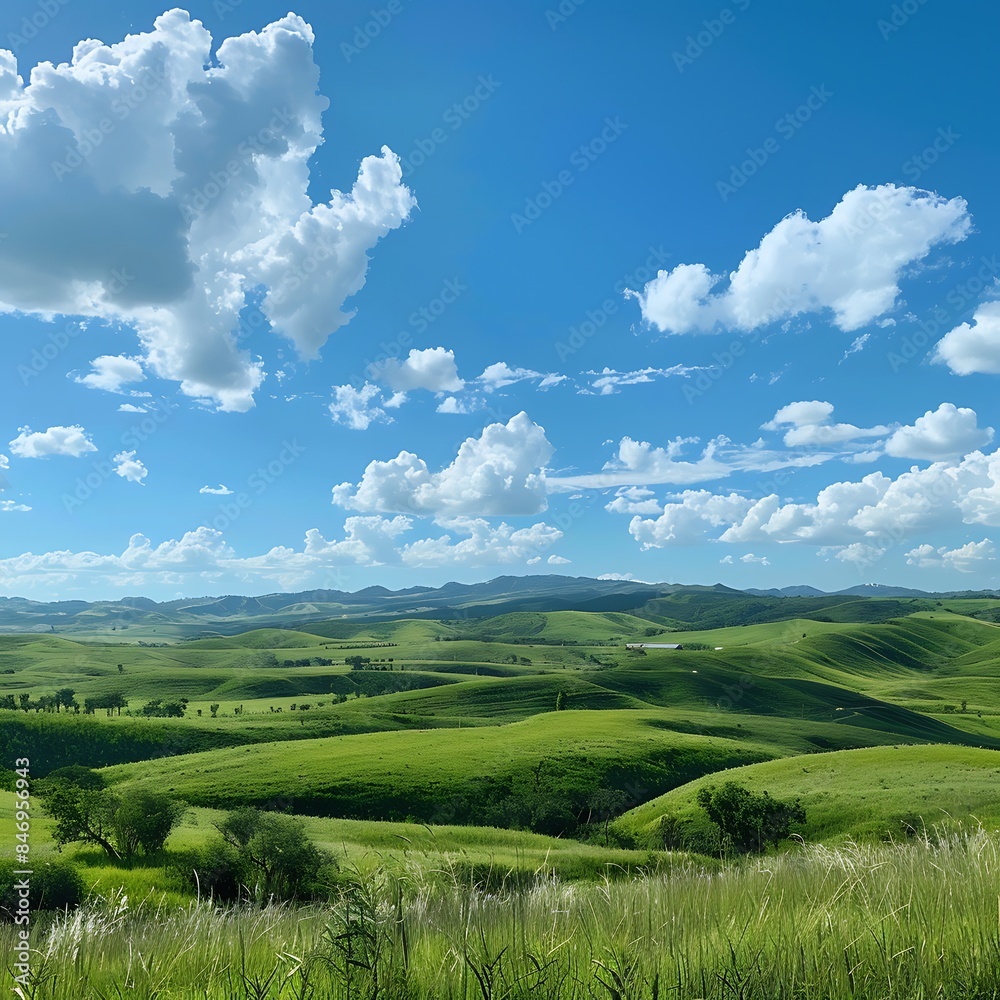 Fototapeta premium Panoramic view of rolling green hills under blue sky