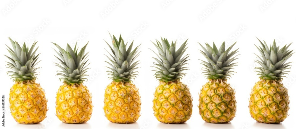 Close-up view of a row of pineapples placed on a plain white surface, showcasing the tropical fruit. with copy space image. Place for adding text or design Close-up view of a row of pineapples placed on a plain white surface, showcasing the tropical fruit. with copy space image. Place for adding text or design