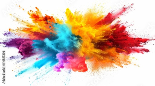Vibrant paint burst on white background  colorful ink cloud and powder explosion, 3d render