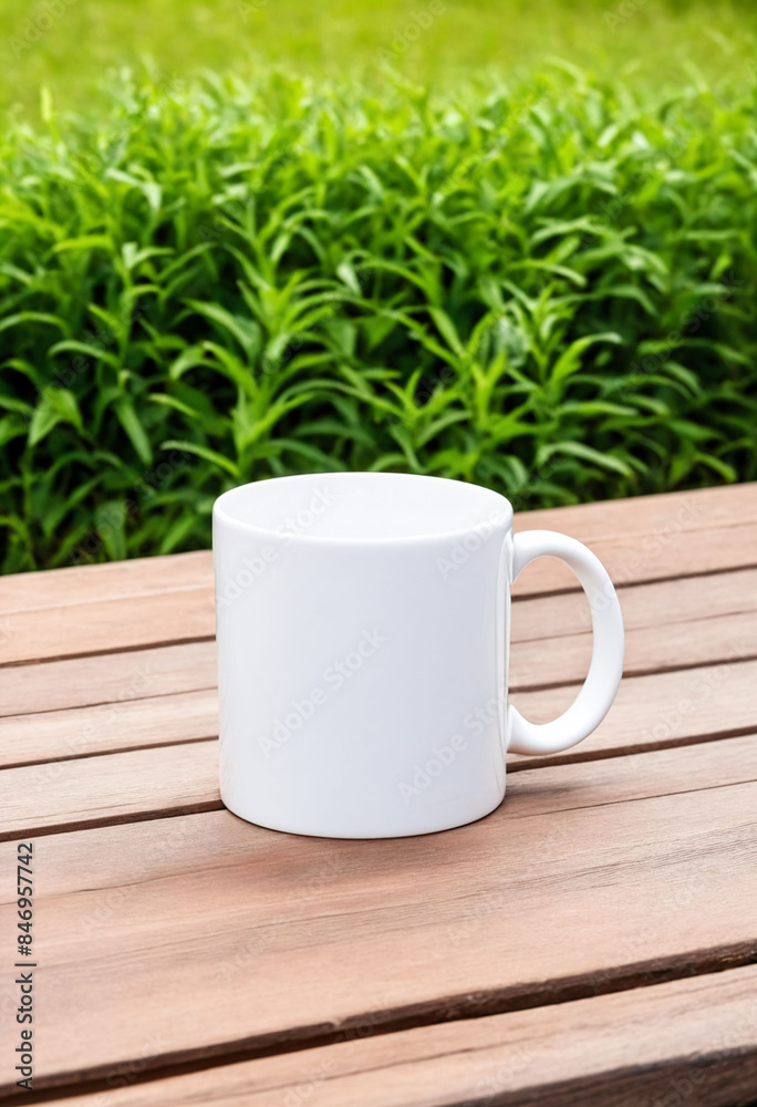 White blank mug mockup on a wooden table with an outdoor background White blank mug mockup on a wooden table with an outdoor background
