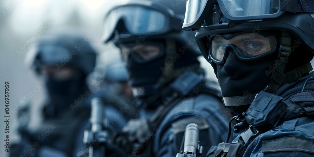 Preparing for a Fast Response Operation SWAT Team in Riot Gear. Concept SWAT Team Training, Riot Gear Preparation, Fast Response Operations, Tactical Gear, Team Coordination Preparing for a Fast Response Operation SWAT Team in Riot Gear. Concept SWAT Team Training, Riot Gear Preparation, Fast Response Operations, Tactical Gear, Team Coordination