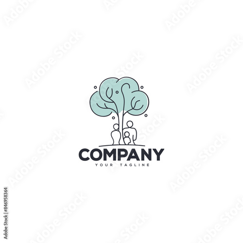 Creative logo design depicting a tree with a family underneath the tree. 