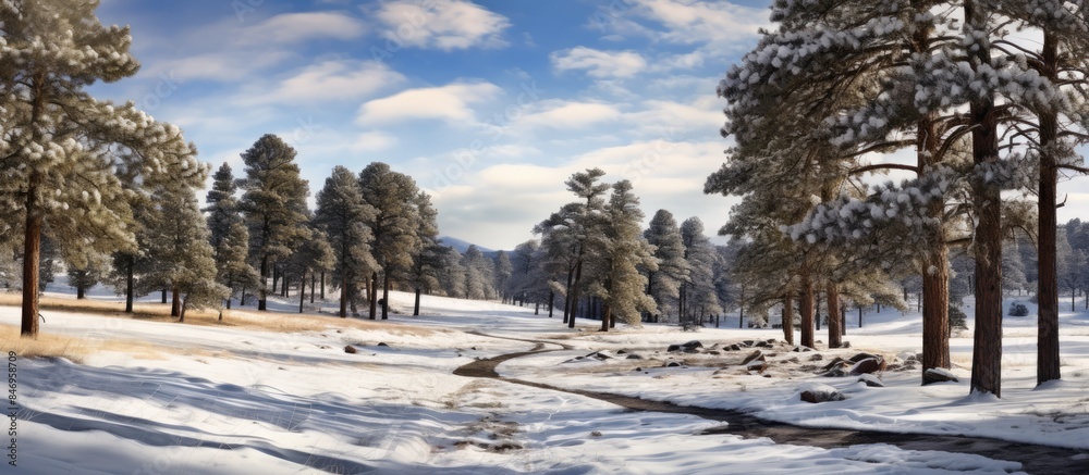 Snowy trail winding through a forest with snow-laden trees creating a tranquil winter scene. with copy space image. Place for adding text or design Snowy trail winding through a forest with snow-laden trees creating a tranquil winter scene. with copy space image. Place for adding text or design