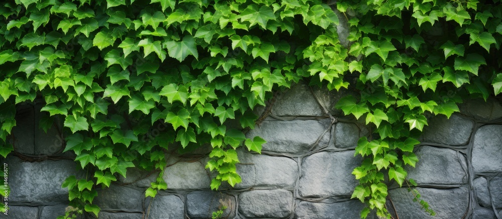 Lush green ivy plants cascade over a textured stone wall, creating a ...