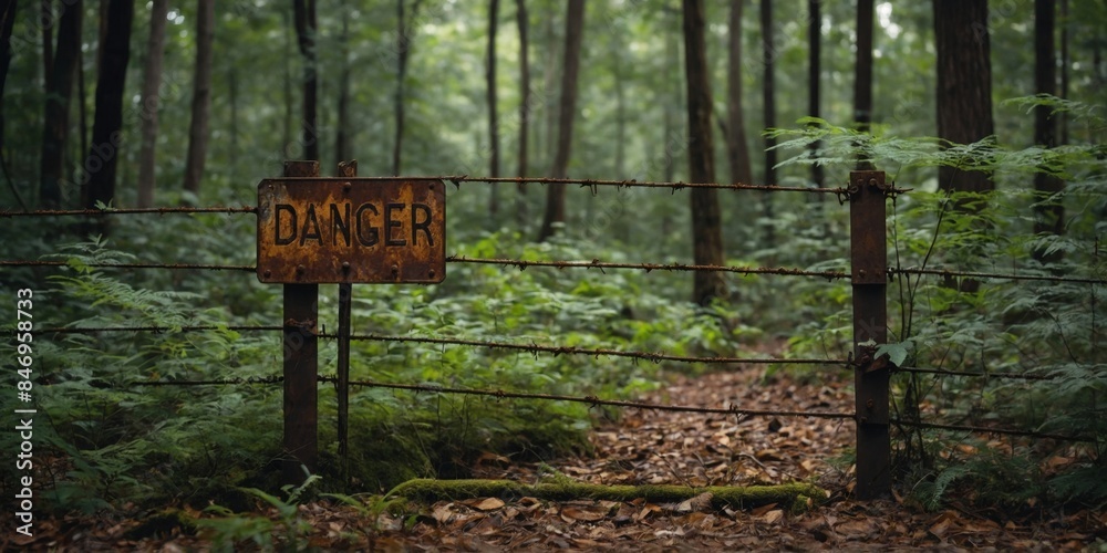 A rusty and weathered danger sign hangs on a fence in a lush, misty forest setting A rusty and weathered danger sign hangs on a fence in a lush, misty forest setting