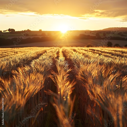 Golden wheat field at sunset casting long shadows