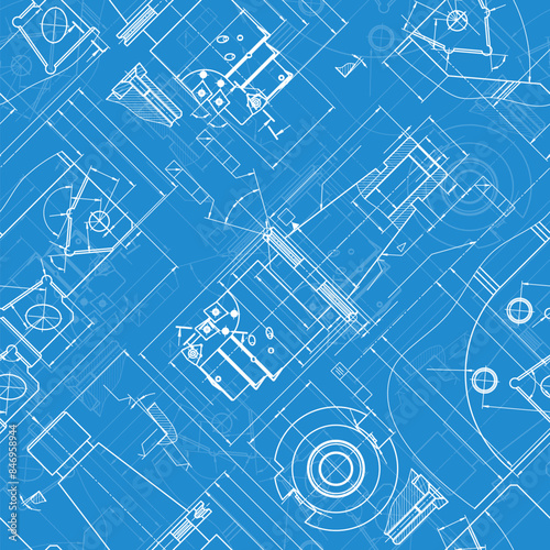 Mechanical engineering drawings on blue background. Tap tools, borer. Technical Design. Cover. Blueprint. Seamless pattern. Vector illustration.