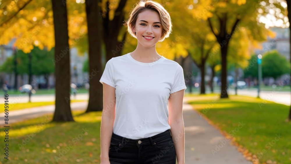 Young woman with short hair wearing white t-shirt and black jeans standing in the park