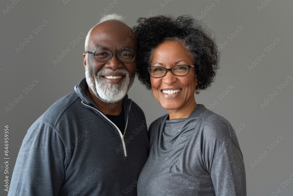 Portrait of a smiling multicultural couple in their 60s sporting a long-sleeved thermal undershirt in front of blank studio backdrop