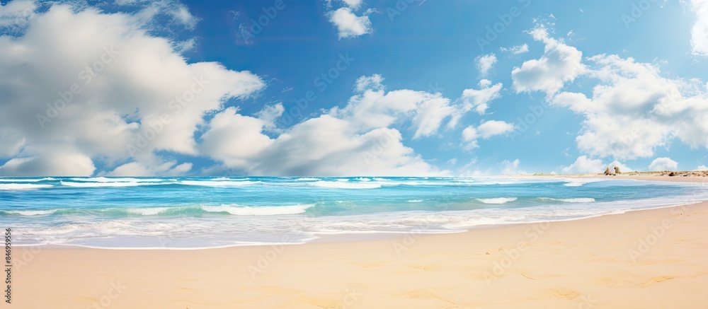 Fototapeta premium Sandy beach under a clear blue sky with the sun shining brightly, a perfect day by the sea. with copy space image. Place for adding text or design