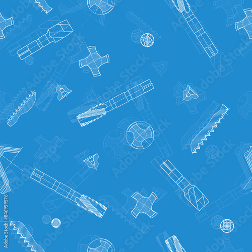Mechanical engineering drawings on blue background. Tap tools, borer. Technical Design. Cover. Blueprint. Seamless pattern. Vector illustration.