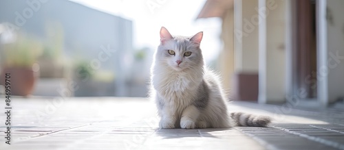 Gray and white feline sitti...