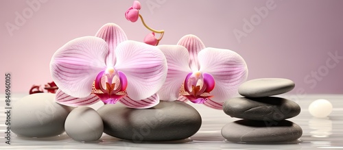 Arrangement of three orchids and three stones placed neatly on a flat surface. with copy space image. Place for adding text or design