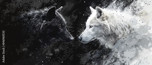 Black and white wolves representing Yin and Yang, abstract paint splashes, contrast, digital art 8K , high-resolution, ultra HD,up32K HD