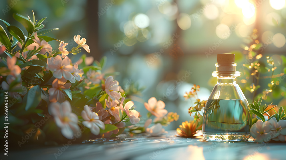 A table surrounded by flowers, natural beauty and glass bottles of oil and perfumes A table surrounded by flowers, natural beauty and glass bottles of oil and perfumes